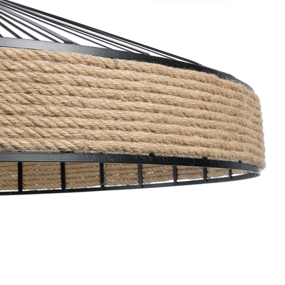 GloboStar® SAHARA 01416 Moντέρνο Κρεμαστό Φωτιστικό Καπέλο Μονόφωτο 1 x E27 IP20 Μαύρο Μέταλλο με Μπεζ Σχοινί - Μ80 x Π80 x Y25cm