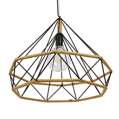 GloboStar® FLUTED 01422 Vintage Κρεμαστό Φωτιστικό Πλέγμα Μονόφωτο 1 x E27 IP20 Μαύρο Μέταλλο με Μπεζ Σχοινί - Μ50 x Π50 x Y44cm
