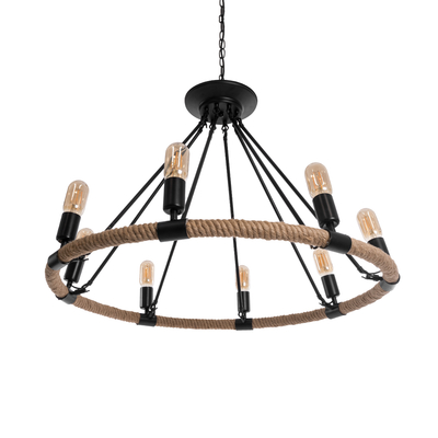 GloboStar® MILLBANK 01423 Vintage Κρεμαστό Φωτιστικό Πλέγμα Πολύφωτο 8 x E27 IP20 Μαύρο Μέταλλο με Μπεζ Σχοινί - Μ80 x Π80 x Y54cm