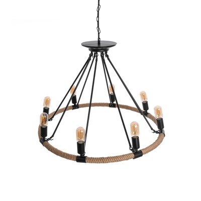 GloboStar® MILLBANK 01423 Vintage Κρεμαστό Φωτιστικό Πλέγμα Πολύφωτο 8 x E27 IP20 Μαύρο Μέταλλο με Μπεζ Σχοινί - Μ80 x Π80 x Y54cm