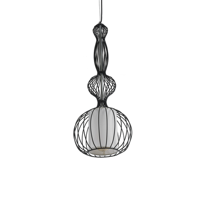 GloboStar® LILY 01560 Vintage Κρεμαστό Φωτιστικό Πλέγμα Μονόφωτο 1 x E27 IP20 Μαύρο Μέταλλο με Λευκό Ύφασμα - Μ25 x Π25 x Υ67cm