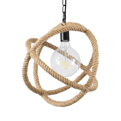 GloboStar® BALANCE 01596 Vintage Κρεμαστό Φωτιστικό Πλέγμα Μονόφωτο 1 x E27 IP20 Μαύρο Μέταλλο με Μπεζ Σχοινί - Μ35 x Π35 x Υ36cm