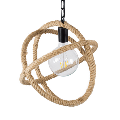 GloboStar® BALANCE 01596 Vintage Κρεμαστό Φωτιστικό Πλέγμα Μονόφωτο 1 x E27 IP20 Μαύρο Μέταλλο με Μπεζ Σχοινί - Μ35 x Π35 x Υ36cm