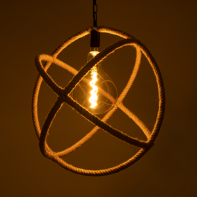 GloboStar® BELLE 01597 Vintage Κρεμαστό Φωτιστικό Πλέγμα Μονόφωτο 1 x E27 IP20 Μπεζ Σχοινί - Μ56 x Π56 x Y58cm