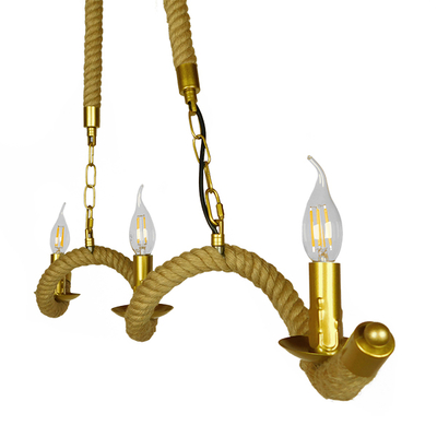GloboStar® LUXOR 01598 Vintage Κρεμαστό Φωτιστικό Ανάρτηση Τρίφωτο 3 x E14 IP20 Χρυσό Μέταλλο με Μπεζ Σχοινί - Μ75 x Π13 x Y18cm