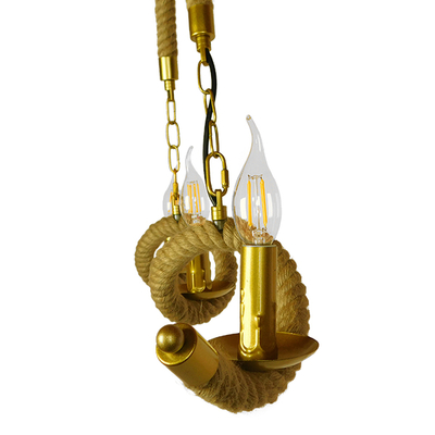 GloboStar® LUXOR 01598 Vintage Κρεμαστό Φωτιστικό Ανάρτηση Τρίφωτο 3 x E14 IP20 Χρυσό Μέταλλο με Μπεζ Σχοινί - Μ75 x Π13 x Y18cm