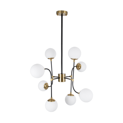 GloboStar® STARDUST 01649 Vintage Φωτιστικό Οροφής Πλέγμα Πολύφωτο 8 x E27 IP20 Μαύρο & Χρυσό Μέταλλο με Λευκό Γυαλί - Μ75 x Π75 x Υ100cm