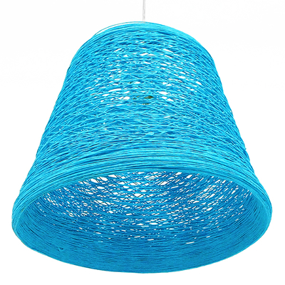 GloboStar® PLAYROOM 00995 Vintage Κρεμαστό Φωτιστικό Καμπάνα Μονόφωτο 1 x E27 IP20 Μπλε Rattan - Μ32 x Π32 x Υ27cm