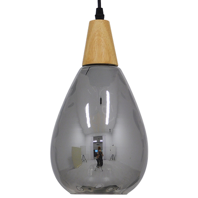 GloboStar® NOAH 01489 Μοντέρνο Κρεμαστό Φωτιστικό Ανάρτηση Μονόφωτο 1 x E27 IP20 Γκρι Γυαλί με Μπεζ Ξύλο - Μ16 x Π16 x Υ30cm