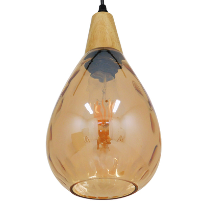 GloboStar® NOAH 01490 Μοντέρνο Κρεμαστό Φωτιστικό Ανάρτηση Μονόφωτο 1 x E27 IP20 Μελί Γυαλί με Μπεζ Ξύλο - Μ16 x Π16 x Υ30cm