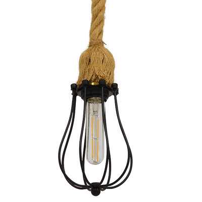 GloboStar® CAMBER 01594 Vintage Κρεμαστό Φωτιστικό Πλέγμα Μονόφωτο 1 x E27 IP20 Μαύρο Μέταλλο με Μπεζ Σχοινί - Μ11 x Π11 x Υ25cm