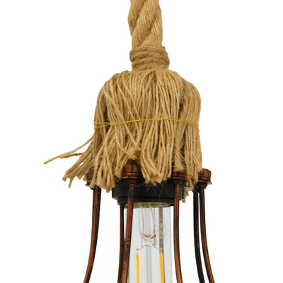 GloboStar® CAMBER 01595 Vintage Κρεμαστό Φωτιστικό Πλέγμα Μονόφωτο 1 x E27 IP20 Χάλκινο Μέταλλο με Μπεζ Σχοινί - Μ11 x Π11 x Υ25cm