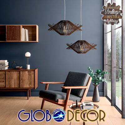 GloboStar® SASSO 01602 Boho Κρεμαστό Φωτιστικό Πλέγμα Μονόφωτο 1 x E27 IP20 Καφέ Ξύλο - Μ50 x Π50 x Y23cm