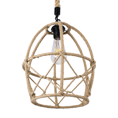 GloboStar® TELAN 01615 Vintage Κρεμαστό Φωτιστικό Πλέγμα Μονόφωτο 1 x E27 IP20 Μπεζ Σχοινί - Μ30 x Π30 x Υ38cm