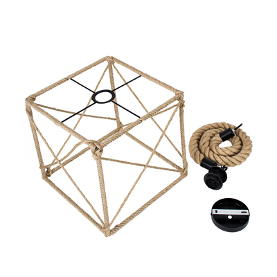 GloboStar® POLISHED 01616 Vintage Κρεμαστό Φωτιστικό Πλέγμα Μονόφωτο 1 x E27 IP20 Μαύρο Μέταλλο με Μπεζ Σχοινί - Μ30 x Π28 x Υ30cm