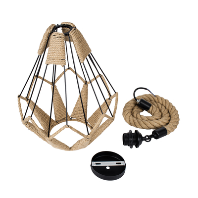 GloboStar® CONICAL 01617 Vintage Κρεμαστό Φωτιστικό Πλέγμα Μονόφωτο 1 x E27 IP20 Μαύρο Μέταλλο με Μπεζ Σχοινί - Μ30 x Π30 x Υ40cm