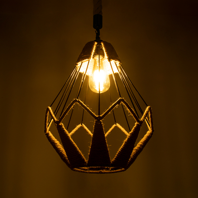 GloboStar® CONICAL 01617 Vintage Κρεμαστό Φωτιστικό Πλέγμα Μονόφωτο 1 x E27 IP20 Μαύρο Μέταλλο με Μπεζ Σχοινί - Μ30 x Π30 x Υ40cm