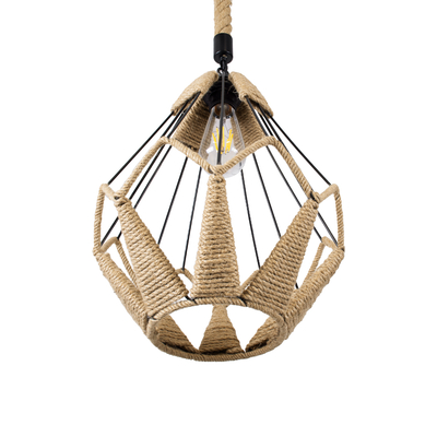 GloboStar® CONICAL 01617 Vintage Κρεμαστό Φωτιστικό Πλέγμα Μονόφωτο 1 x E27 IP20 Μαύρο Μέταλλο με Μπεζ Σχοινί - Μ30 x Π30 x Υ40cm
