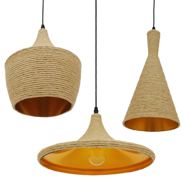 GloboStar® SHANGHAI ROPE 00875 Μοντέρνό Κρεμαστό Φωτιστικό Καμπάνα Σετ Τρίφωτο 3 x E27 IP20 Μπεζ Σχοινί με Χρυσό Μέταλλο - Μ81 x Π81 x Υ39cm