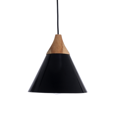 GloboStar® SHADE 00906 Μοντέρνο Κρεμαστό Φωτιστικό Καμπάνα Μονόφωτο 1 x E27 IP20 Μαύρο Μέταλλο με Μπεζ Ξύλο - Μ23 x Π23 x Υ22cm