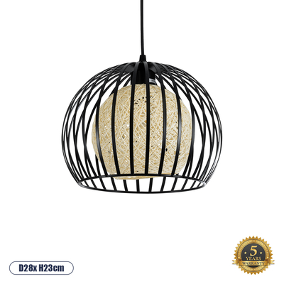 GloboStar® CARTER 00960 Μοντέρνο Κρεμαστό Φωτιστικό Πλέγμα Μονόφωτο 1 x E27 IP20 Μαύρο Μέταλλο με Μπεζ Σχοινί - Μ28 x Π28 x Υ23cm