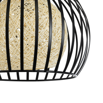 GloboStar® CARTER 00960 Μοντέρνο Κρεμαστό Φωτιστικό Πλέγμα Μονόφωτο 1 x E27 IP20 Μαύρο Μέταλλο με Μπεζ Σχοινί - Μ28 x Π28 x Υ23cm