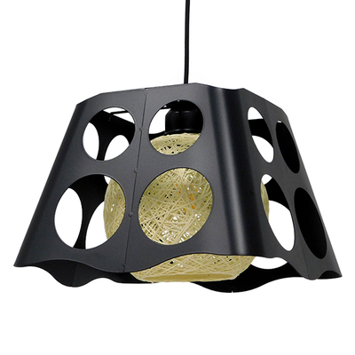 GloboStar® CARTER 00962 Μοντέρνο Κρεμαστό Φωτιστικό Πλέγμα Μονόφωτο 1 x E27 IP20 Μαύρο Μέταλλο με Μπεζ Σχοινί - Μ28 x Π28 x Υ22cm