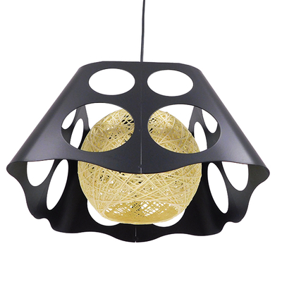 GloboStar® CARTER 00962 Μοντέρνο Κρεμαστό Φωτιστικό Πλέγμα Μονόφωτο 1 x E27 IP20 Μαύρο Μέταλλο με Μπεζ Σχοινί - Μ28 x Π28 x Υ22cm