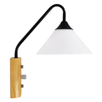 GloboStar® ALESSIA 01457 Μοντέρνο Επιτοίχιο Φωτιστικό Απλίκα Μονόφωτο 1 x E27 IP20 Μαύρο Μέταλλο, Λευκό Γυαλί με Μπεζ Ξύλο - Μ18 x Π26 x Υ29cm