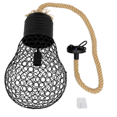 GloboStar® URBAN 01522 Vintage Κρεμαστό Φωτιστικό Πλέγμα Μονόφωτο 1 x E27 IP20 Μαύρο Μέταλλο με Μπεζ Σχοινί - Μ28 x Π28 x Υ40cm