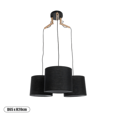 GloboStar® RAMSON 01525 Μοντέρνο Κρεμαστό Φωτιστικό Καπέλο Τρίφωτο 3 x E27 IP20 Μαύρο Ύφασμα με Μπεζ Ξύλο - Μ65 x Π65 x Υ20cm