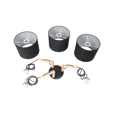 GloboStar® RAMSON 01525 Μοντέρνο Κρεμαστό Φωτιστικό Καπέλο Τρίφωτο 3 x E27 IP20 Μαύρο Ύφασμα με Μπεζ Ξύλο - Μ65 x Π65 x Υ20cm