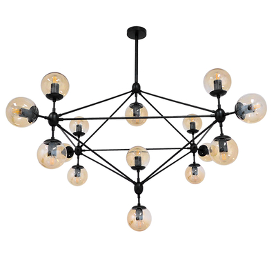 GloboStar® SENTINEL 01637 Μοντέρνο Φωτιστικό Οροφής Πλέγμα Πολύφωτο 15 x E27 IP20 Μαύρο Μέταλλο με μελί Γυαλί - Μ150 x Π150 x Υ115cm