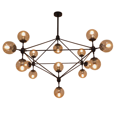 GloboStar® SENTINEL 01637 Μοντέρνο Φωτιστικό Οροφής Πλέγμα Πολύφωτο 15 x E27 IP20 Μαύρο Μέταλλο με μελί Γυαλί - Μ150 x Π150 x Υ115cm