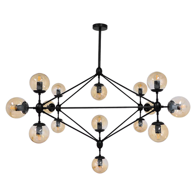 GloboStar® SENTINEL 01637 Μοντέρνο Φωτιστικό Οροφής Πλέγμα Πολύφωτο 15 x E27 IP20 Μαύρο Μέταλλο με μελί Γυαλί - Μ150 x Π150 x Υ115cm