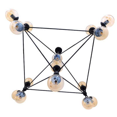 GloboStar® SENTINEL 01637 Μοντέρνο Φωτιστικό Οροφής Πλέγμα Πολύφωτο 15 x E27 IP20 Μαύρο Μέταλλο με μελί Γυαλί - Μ150 x Π150 x Υ115cm