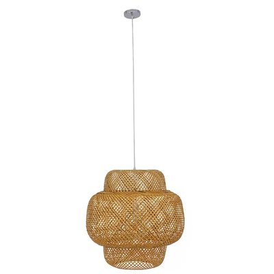 GloboStar® MALDIVES 01657 Boho Κρεμαστό Φωτιστικό Πλέγμα Μονόφωτο 1 x E27 IP20 Μπεζ Ξύλο - Μ56 x Π56 x Υ54cm