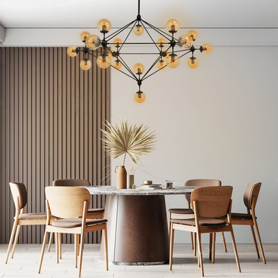 GloboStar® SENTINEL 01638 Μοντέρνο Φωτιστικό Οροφής Πλέγμα Πολύφωτο 21 x E27 IP20 Μαύρο Μέταλλο με μελί Γυαλί - Μ170 x Π170 x Υ136cm