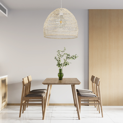 GloboStar® MALIBU 00968 Boho Κρεμαστό Φωτιστικό Πλέγμα Μονόφωτο 1 x E27 IP20 Μπεζ Ξύλο - Μ40 x Π40 x Υ35cm