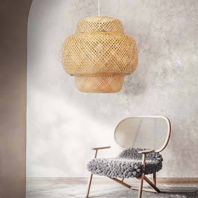 GloboStar® MALDIVES 01657 Boho Κρεμαστό Φωτιστικό Πλέγμα Μονόφωτο 1 x E27 IP20 Μπεζ Ξύλο - Μ56 x Π56 x Υ54cm