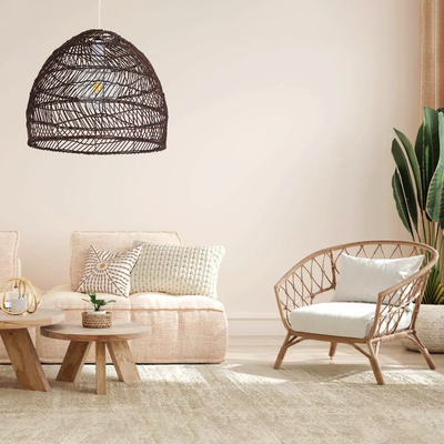 GloboStar® MALIBU 00970 Boho Κρεμαστό Φωτιστικό Πλέγμα Μονόφωτο 1 x E27 IP20 Καφέ Ξύλο - Μ40 x Π40 x Υ35cm