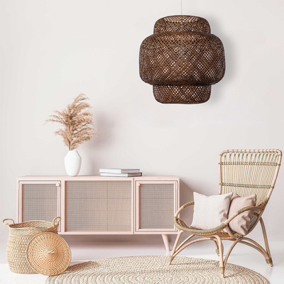 GloboStar® MALDIVES 01658 Boho Κρεμαστό Φωτιστικό Πλέγμα Μονόφωτο 1 x E27 IP20 Καφέ Ξύλο - Μ56 x Π56 x Υ54cm