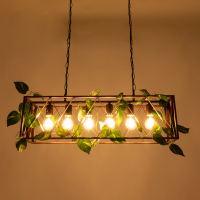 GloboStar® CLARITY 00963 Vintage Κρεμαστό Φωτιστικό Πλέγμα Πολύφωτο 6 x E27 IP20 Χάλκινο Μέταλλο με Πράσινο Πλαστικό - Μ78 x Π25 x Υ22cm