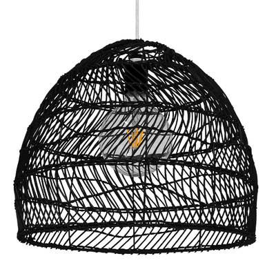 GloboStar® MALIBU 00969 Boho Κρεμαστό Φωτιστικό Πλέγμα Μονόφωτο 1 x E27 IP20 Μαύρο Ξύλο - Μ40 x Π40 x Υ35cm