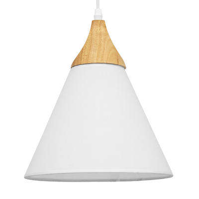 GloboStar® SHADE TEXTILE 01577 Μοντέρνο Κρεμαστό Φωτιστικό Καμπάνα Μονόφωτο 1 x E27 IP20 Λευκό Ύφασμα με Μπεζ Ξύλο - Μ25 x Π25 x Υ30cm