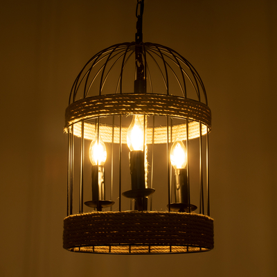 GloboStar® MERLIN 00865 Vintage Κρεμαστό Φωτιστικό Πλέγμα Τρίφωτο 3 x E14 IP20 Μαύρο Μέταλλο με Μπεζ Σχοινί - Μ28 x Π28 x Υ40cm