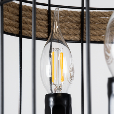 GloboStar® MERLIN 00865 Vintage Κρεμαστό Φωτιστικό Πλέγμα Τρίφωτο 3 x E14 IP20 Μαύρο Μέταλλο με Μπεζ Σχοινί - Μ28 x Π28 x Υ40cm