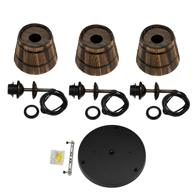 GloboStar® CEBU 00888 Vintage Κρεμαστό Φωτιστικό Καπέλο Τρίφωτο 3 x E27 IP20 Μαύρο Μέταλλο με Καφέ Ξύλο - Μ40 x Π40 x Y210cm