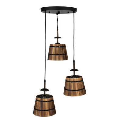 GloboStar® CEBU 00888 Vintage Κρεμαστό Φωτιστικό Καπέλο Τρίφωτο 3 x E27 IP20 Μαύρο Μέταλλο με Καφέ Ξύλο - Μ40 x Π40 x Y210cm