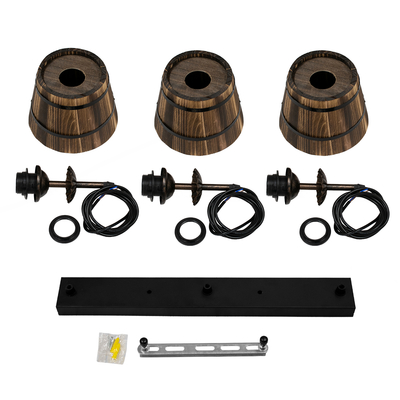 GloboStar® CEBU 00889 Vintage Κρεμαστό Φωτιστικό Καπέλο Τρίφωτο 3 x E27 IP20 Μαύρο Μέταλλο με Καφέ Ξύλο - Μ55.5 x Π18.5 x Y210cm